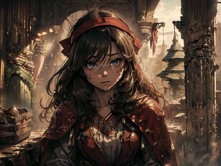 (Masterpiece, best quality, high res、highly detailed cg: 1)、 (((rogue、1girl、solo、Alert face)))、((eyes narrowed、hair band、 red ribbon、 dirty hair、dirty cape))、small sword、Wearing a cloak、Overall dirty appearance,face close up、Open treasure chest、game cg