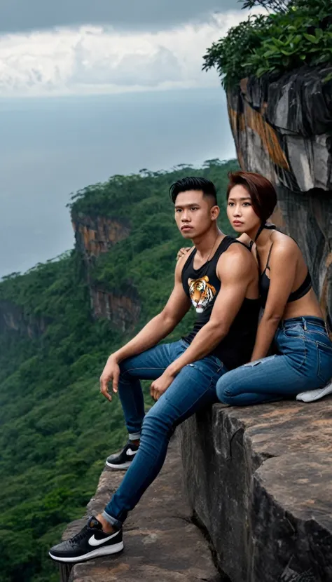 "Perfect face, masterpiece, photo of a handsome 25 year old Indonesian man with undercut hair, wearing Nike shoes, a black singlet with a picture of a tiger, long jeans, shirtless, sitting intimately next to his very beautiful wife. Sitting on the edge of ...