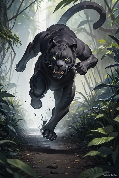 gnarly enraged strong black jaguar running in a lush rainforest