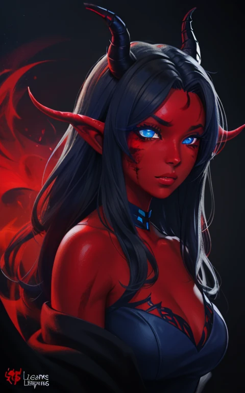 sehele style, anime style, (((tiefling))) warlock with (((crimson red skin))) and (((blue, smoldering eyes))). her (((horns curv...