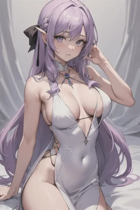 (masterpiece:1.2, best quality), 1lady, solo, day, stand, lilachair, longwavyhair, lilac eyes, white revealing dress, tanskin, (open breasts:1.1),