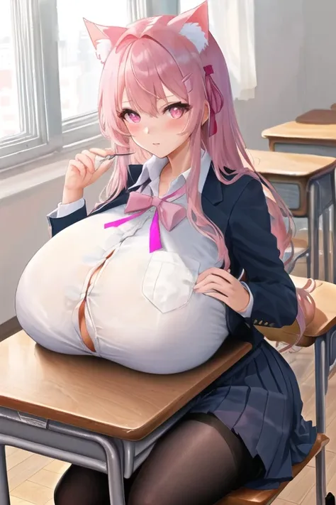 masterpiece, best quality, 1girl, (pink hair, long hair, detailed hair, cat ears, pink eyes, black hair ribbons:1.2), cute, (school uniform:1.1), classroom, (sitting on chair at desk, breasts resting on desk:1.5), (curvy, thick thighs, wide hips:1.1), (gig...