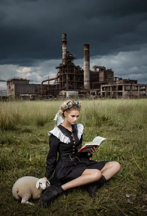 Wasteland style, girl reading, sitting on the grass, industrial style, abandoned factory, national costumes, a sheep, grass, machinery abandoned industrial building background, accumulation of pollutants, grassland, pollutant gas emissions, dark sky, apoca...