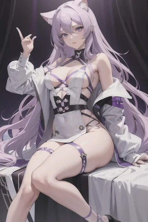 (masterpiece:1.2, best quality), 1lady, solo, day, stand, lilac hair, long wavy hair, lilac eyes, white modern aesthetic outfit, tanskin, cat ears