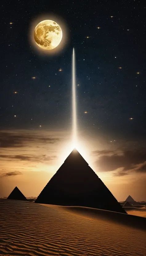 A surreal and dramatic scene of pyramids in a desert under a night sky, con una luna grande y detallada visible contra el cielo oscuro, parcialmente iluminada por la luz del sol creando un efecto de eclipse, y estrellas en el cielo alrededor de la luna.