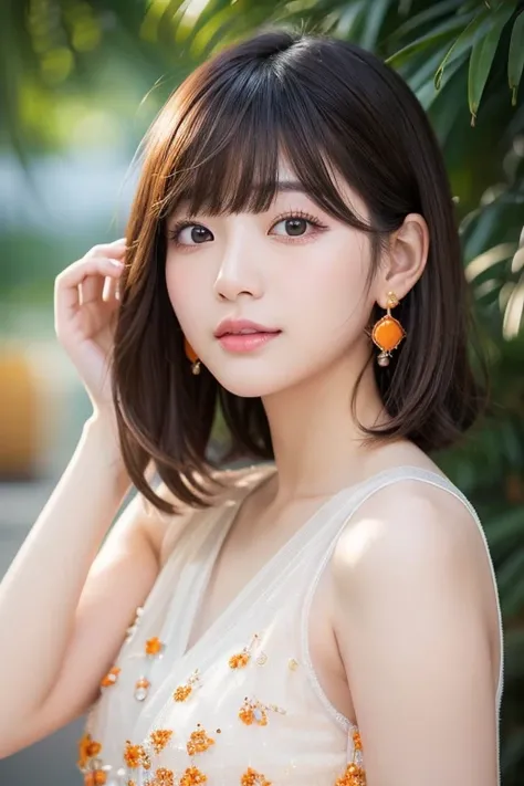 (Best image quality)、Ultra-Realistic Capture、19-year-old Japanese woman、Highly detailed eye resolution、cute、bob hair、With bangs、Sleeveless dress、A glittering social gathering、Natural light、Translucent white skin、Orange Makeup、The side of my hair is hanging...