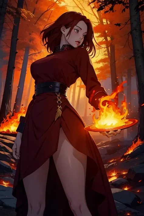 a girl with fiery red hair, mesmerizing eyes filled with flames, and lips as vibrant as lava. vivid colors, high resolution, and ultra-detailed depiction. the medium is a digital illustration with a touch of abstract art. the scene is set in a mystical for...