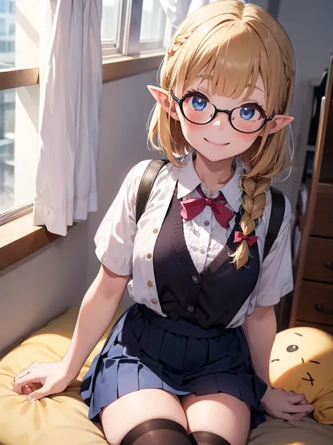 masterpiece, high resolution, little girls, (8 years old), 2girls, blue skirt and red skirt, ((forehead and blunt bangs)), happy smile, blue eyes, beautiful detailed eyes, glossy blonde hair, short hair and long hair, ((glasses)), ((pointy ears)), blush, f...