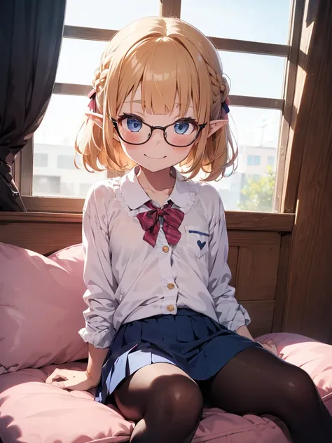 masterpiece, high resolution, little girls, (8 years old), 2girls, blue skirt and red skirt, ((forehead and blunt bangs)), happy smile, blue eyes, beautiful detailed eyes, glossy blonde hair, short hair and long hair, ((glasses)), ((pointy ears)), blush, f...