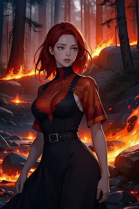 a girl with fiery red hair, mesmerizing eyes filled with flames, and lips as vibrant as lava. vivid colors, high resolution, and ultra-detailed depiction. the medium is a digital illustration with a touch of abstract art. the scene is set in a mystical for...