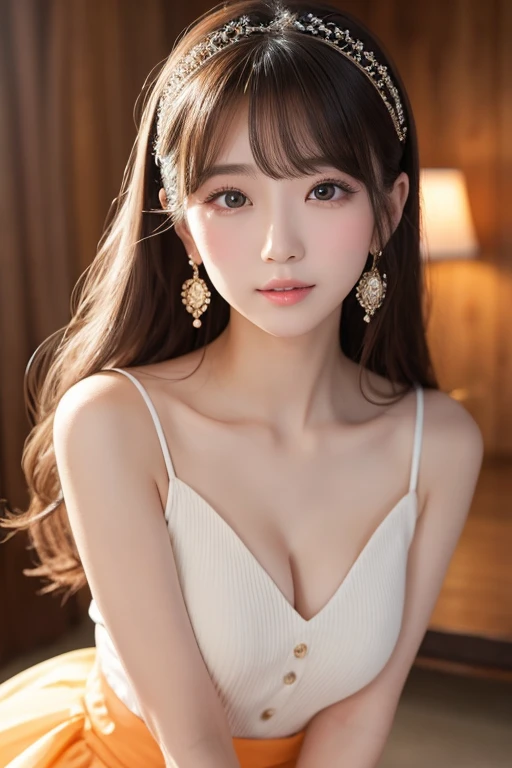 (Best image quality)、Ultra-Realistic Capture、19-year-old Japanese woman、Highly detailed eye resolution、cute、Semi-long hair、With bangs、Fluttering Hair、Sleeveless dress、A glittering dance hall、Natural light、Translucent white skin、Orange Makeup、The side of my...