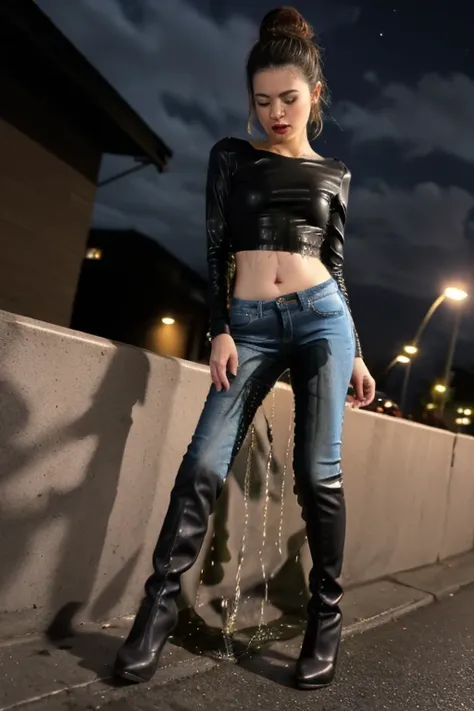 anime, highres, beautiful women, high detail, good lighting, lewd, hentai, (no nudity), (((jeans))), ((tight leather top)), (((leather thigh high boots))), bare midriff, ((wet crotch)), (((peeing herself))), (((wetting herself))), ((((peeing self))), (pee ...