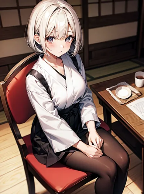 Cute Girls、Japanese、Sitting in a chair、Attractive breasts、White Shirt、black tights、Short Bob、Hands in pockets