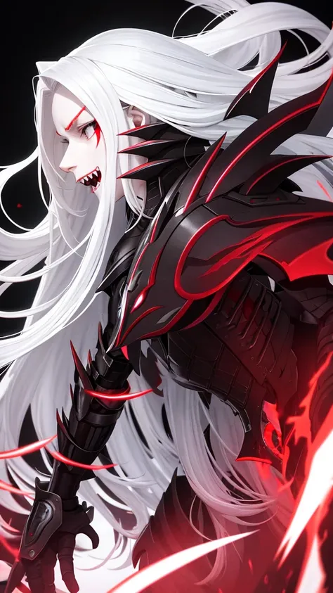 perfect face, long wavy white hair color, sharp eyes, dark red eyeballs, solo, demon, sharp teeth and fangs, sharp claws, general with armor clothing, profile picture, in hell background.