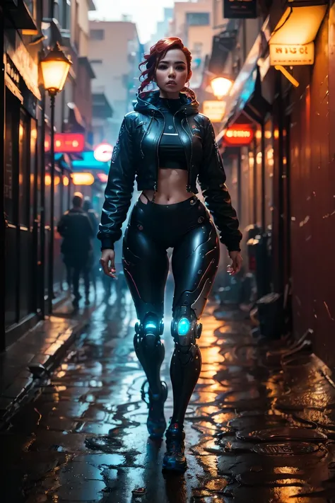 female cyborg walking in the street, french braid, red hair, (Best quality, 4K, 8 k, A high resolution, masterpiece:1.2), absurdity, masterpiece, ultra detailed, (realistic, photorealistic, photorealistic:1.37), complex parts, HDR, (complex parts:1.12), (h...