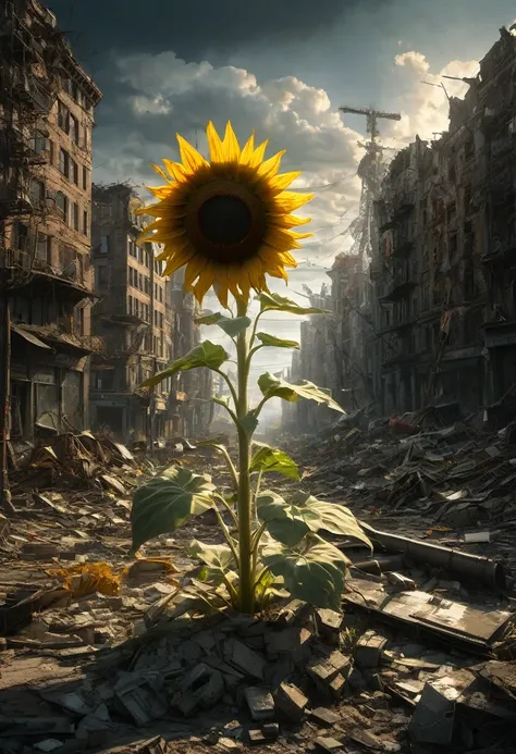 1girl, Post-Apocalyptic Wasteland, Giant sunflower growing from rubble, Scavengers digging through a post-apocalyptic city after the end of the world  Epic cinematic brilliant stunning intricate meticulously detailed dramatic atmospheric maximalist digital...