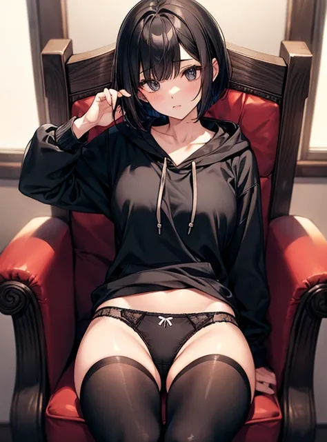 Cute Girls、Changing clothes、black tights、Short Bob、hoodie、tobacco、Sitting in a chair 、Showing her panties、Attractive breasts、See-through underwear