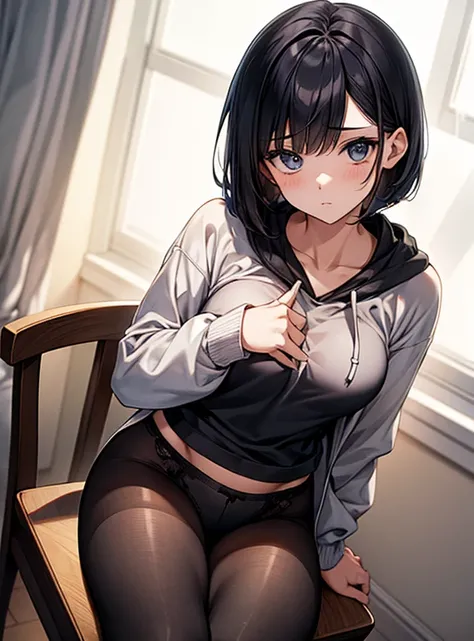 Cute Girls、Changing clothes、black tights、Short Bob、hoodie、tobacco、Sitting in a chair 、Showing her panties、Attractive breasts、See-through underwear