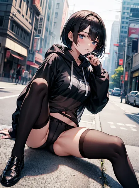 Cute Girls、Changing clothes、black tights、Short Bob、hoodie、Smoke a cigarette、Sitting on the ground 、Showing her panties、Attractive breasts、See-through underwear