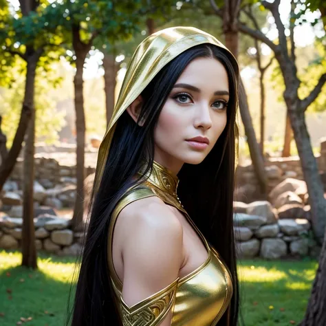 1 female elf with, pretty face, 35 years old, Ultra detailed face and eyes, hyperrealistic, realistic representation, wearing a long gold elf dress, dancing through an elf village, full body, She has long black hair