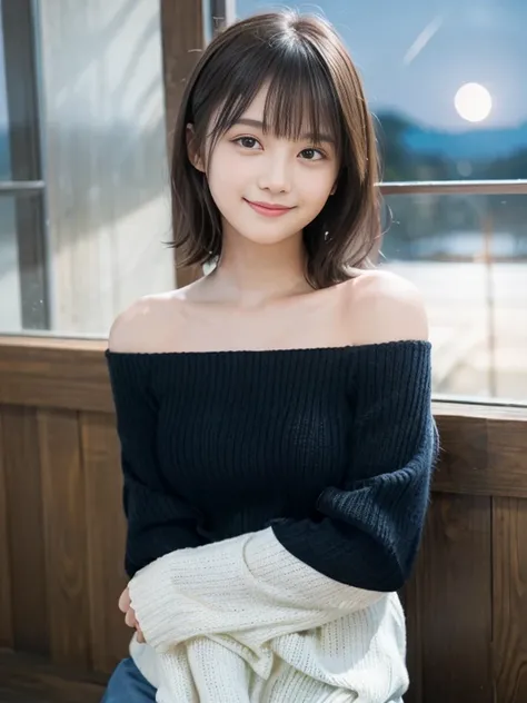 Tabletop, highest quality, 8k, 18-year-old, 10th Generation, Primary school students,Young Face,RAW Photos, Absurd, Award-winning portrait, smile, blush,alone, (night:1.8), Idol&#39;s face, Delicate girl,Delicate body, Upper Body, Digital single-lens refle...