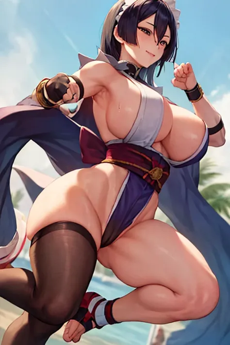 masterpiece, best quality, beautiful art, high resolution, well formed hands, body and fingers, 1 woman, solo, Minamoto no raikou, adult, grown up  ,big breasted, cleavage, full body, black stockings, sleeveless, leotard peeking, pelvic curtain, sexy Japan...