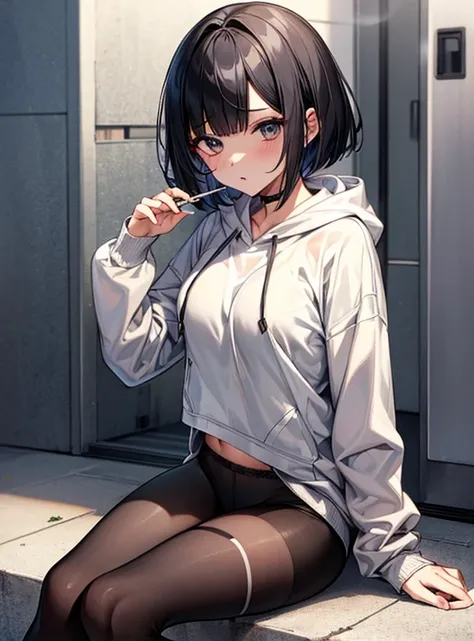 Cute Girls、black tights、Short Bob、hoodie、Smoking an electronic cigarette、Sitting on the ground 、Showing her panties、Attractive breasts、See-through underwear、hoodieをたくしあげる