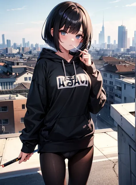 Cute Girls、black tights、Short Bob、hoodie、Smoking an electronic cigarette、School rooftop 、Showing her panties、Attractive breasts、See-through underwear、hoodieをたくしあげる