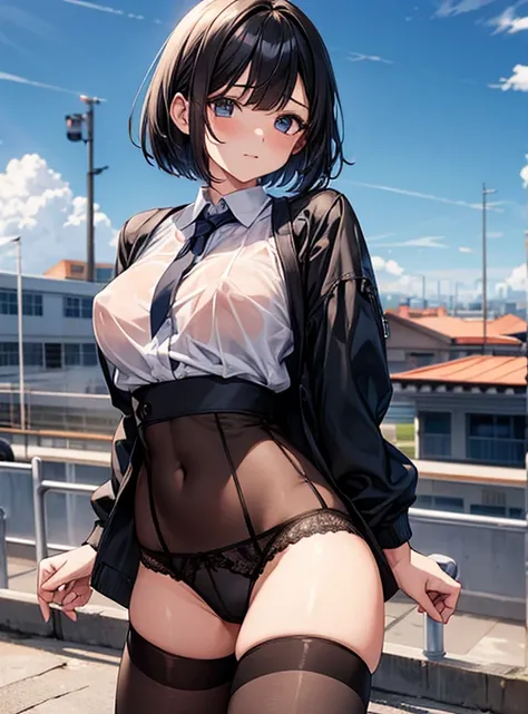 Cute Girls、black tights、Short Bob、School rooftop 、Showing her panties、Attractive breasts、See-through underwear、Put your hands behind your back、Nipples