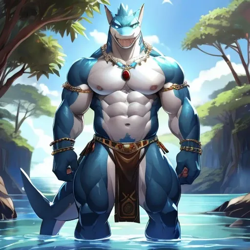 hi res,(shark, finless shark), not furry, anthro, aqua blue eyes, small loincloth, black loincloth, lingerie bikini, sexy bikini, side-tie bikini, tiny black thong, male, muscular, muscular anthro, muscular male, tail, outside, plant, light blue body, sea,...