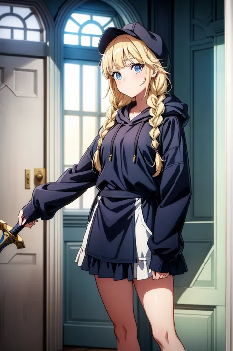 an anime girl holds a large sword in each arm while standing inside a white door, 1girl, blonde hair, solo, blue eyes, hat, braid, looking at viewer, twin braids, hood, black headwear, long hair, hood down, bangs