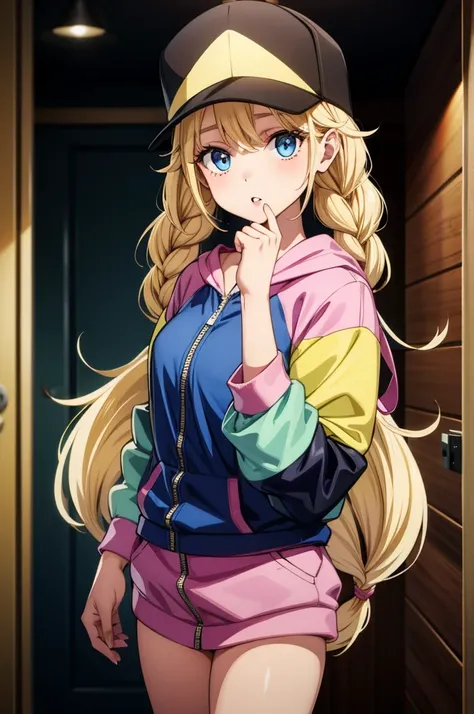 a very pretty blonde haired young lady standing in a hallway holding her phone close to her face, 1girl, phone, hat, blonde hair, braid, solo, holding phone, cellphone, holding, jacket, baseball cap, twin braids, black headwear, blue eyes, multicolored jac...