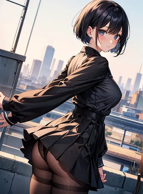 Cute Girls、black tights、Short Bob、School rooftop 、Showing her panties、Attractive breasts、See-through underwear、Put your hands behind your back、Quiet、Inconspicuous