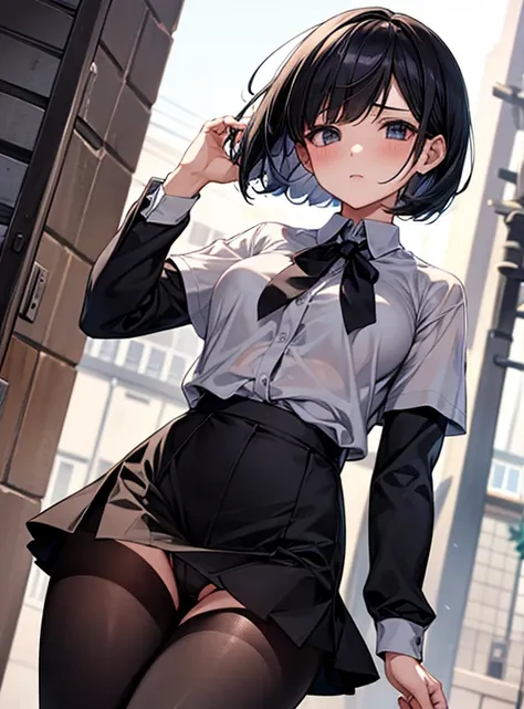 Cute Girls、black tights、Short Bob、School rooftop 、Showing her panties、Attractive breasts、See-through underwear、Put your hands behind your back、Quiet、Inconspicuous