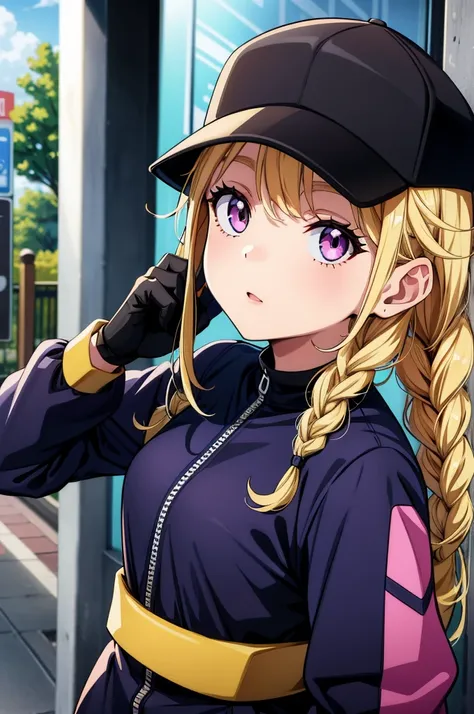 a drawing of a cartoon woman holding a cell phone to her ear while walking forward, 1girl, hat, solo, selfie, phone, blonde hair, braid, twin braids, holding phone, holding, gloves, baseball cap, looking at viewer, cellphone, jacket, smartphone, long hair,...