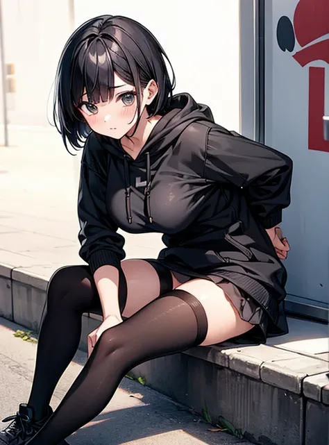 Cute Girls、black tights、Short Bob、Sit on the street、Showing her panties、Attractive breasts、See-through underwear、Put your hands behind your back、Quiet、Inconspicuous、hoodie、graffiti