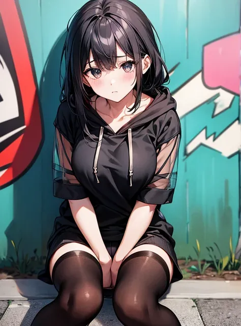 Cute Girls、black tights、Sit on the street、Showing her panties、Attractive breasts、See-through underwear、Put your hands in your pockets、Quiet、Inconspicuous、hoodie、graffiti、Bad security