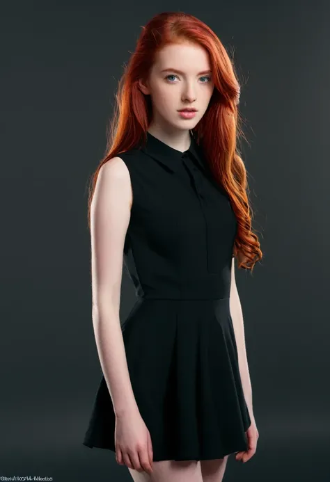 a 19 year old girl with long red hair, ojos heterocromaticos, pale skin, pecho grande, vistiendo un vestido negro combinado con una blusa rosa impecable, with a more elegant and sophisticated touch, algo que combine con su misteriosa y fuerte personalidad....