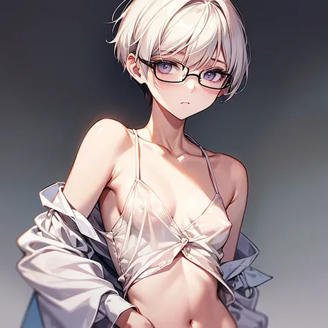 White silk blouse、Small breasts、Nipples、Glasses、Pastel camisole、slender、Waistline、Throb、Pixie Cut、Sharp Eyes、