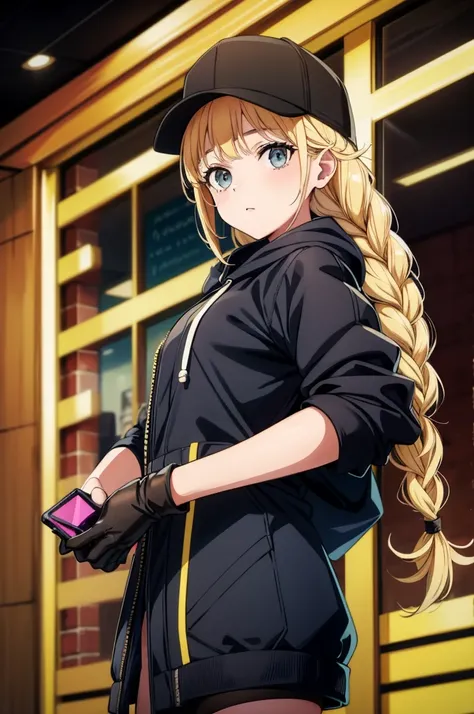 the blonde woman holds her phone and stands with her long hair on top of her head, 1girl, solo, braid, hat, long hair, blonde hair, baseball cap, twin braids, holding, jacket, black headwear, phone, gloves, holding phone, hood, looking at viewer, black glo...