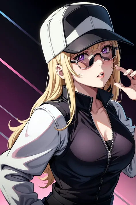 she is wearing sunglasses, a black vest, cap with white lines on it and holding a pink pistol, 1girl, blonde hair, solo, hat, baseball cap, purple eyes, black headwear, looking at viewer, parted lips, jacket