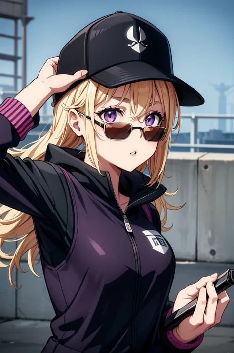 she is wearing sunglasses, a black vest, cap with white lines on it and holding a pink pistol, 1girl, blonde hair, solo, hat, baseball cap, purple eyes, black headwear, looking at viewer, parted lips, jacket