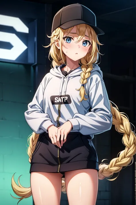 a girl holding a phone as she talks on it very animatedly, 1girl, phone, holding phone, baseball cap, hat, cellphone, holding, blonde hair, solo, black headwear, smartphone, braid, hood, looking at viewer, blue eyes, long hair, blush, sweatdrop