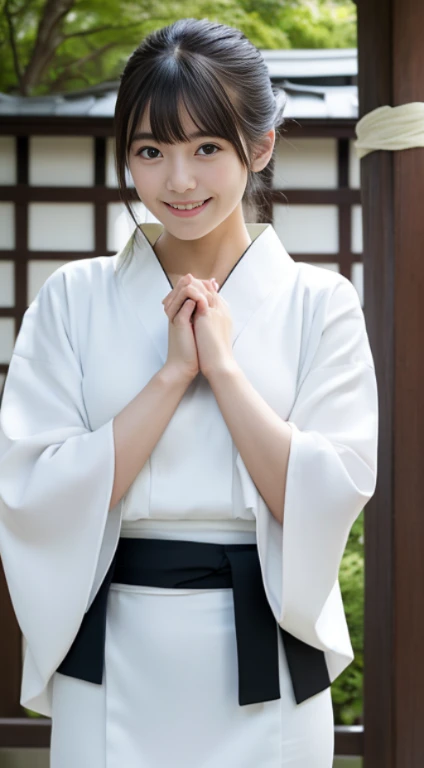 (She wore a white kimono and a long scarlet skirt.、Close-up of a girl with a slim figure, small breasts and long bangs:1.5)、(A girl with a small smile clasping her hands together in the precincts of a Japanese shrine:1.5)、(Beautiful blue sky :1.3)、(Perfect...