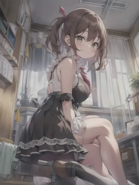 Misaka Mikoto、Maid clothes、plump thighs、Best image quality、High resolution、masterpiece、super high quality、Spread your legsいる、Spread your legs、black and white lace bra、Yellow lace panties、とてもBig Ass、The buttocks are too big、Low - Angle、Blushing、4K quality、T...