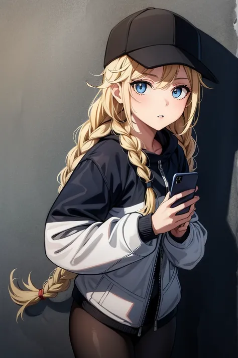 (((grayscale)))(masterpiece:1.2, best quality), (graffiti wall:1.15), 1lady, beanie, jacket, Leggings, blue eyes, fullbody,an attractive woman is posing to get a look at her phone, and a snake extends out of the wall behind it, 1girl, phone, hat, blonde ha...