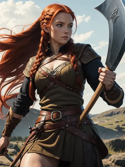 1girl, long redhead, with braids, female viking, with two axes, muscle body