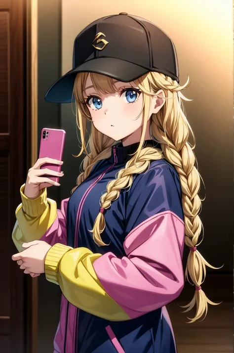 a picture of a pretty lady with long brown hair is holding something, 1girl, solo, braid, blue eyes, blonde hair, hat, phone, baseball cap, holding, black headwear, long hair, holding phone, looking at viewer, jacket, cellphone, multicolored jacket, long s...