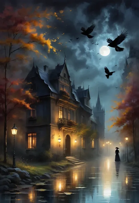 （dark atmosphere，Goethe-Mode，helle Farben），（best quality，Super exquisit，），sexy Gothic-Rabe，Rosengarten bei Nacht，Crow feathers，black crow，Das Mondlicht spiegelt ihre elegante Silhouette，Weiche Schatten und weiche Glanzlichter，Contrasting colors create a li...