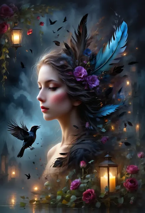 （dark atmosphere，Goethe-Mode，helle Farben），（best quality，Super exquisit，），sexy Gothic-Rabe，Rosengarten bei Nacht，Crow feathers，black crow，Das Mondlicht spiegelt ihre elegante Silhouette，Weiche Schatten und weiche Glanzlichter，Contrasting colors create a li...